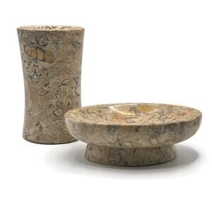 MarbleCrafter Vinca Fossil Stone Oval Soap Dish and Fossil Stone Tumbler Set